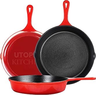 Cast iron Skillets 3 Piece Set,Chefs Pan, Pre Seasoned Cast iron Skillets, 6, 8 & 10 Inches, Easy Use in the Oven, Stove, Grill, or Campfire, Red