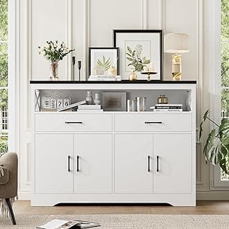 HOSTACK 47" Modern Farmhouse Sideboard Buffet Cabinet, Wood Buffet Storage Cabinet with Drawers & Shelves, Large Coffee Bar Cabinet with Storage, Microwave Stand for Kitchen, Dining Room, White Black