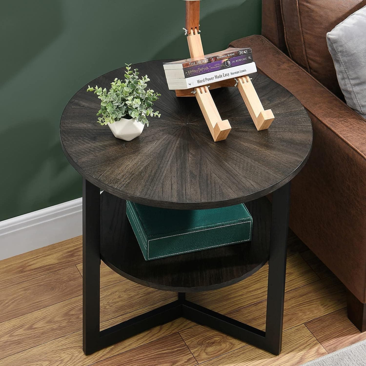 PADMA HOUSE Large End Table with Storage Shelf Rustic Circular Sofa Side Table with Black Metal Legs Solid Wood Nightstand Telephone Table Farmhouse Circle Side Table (Black Brass)