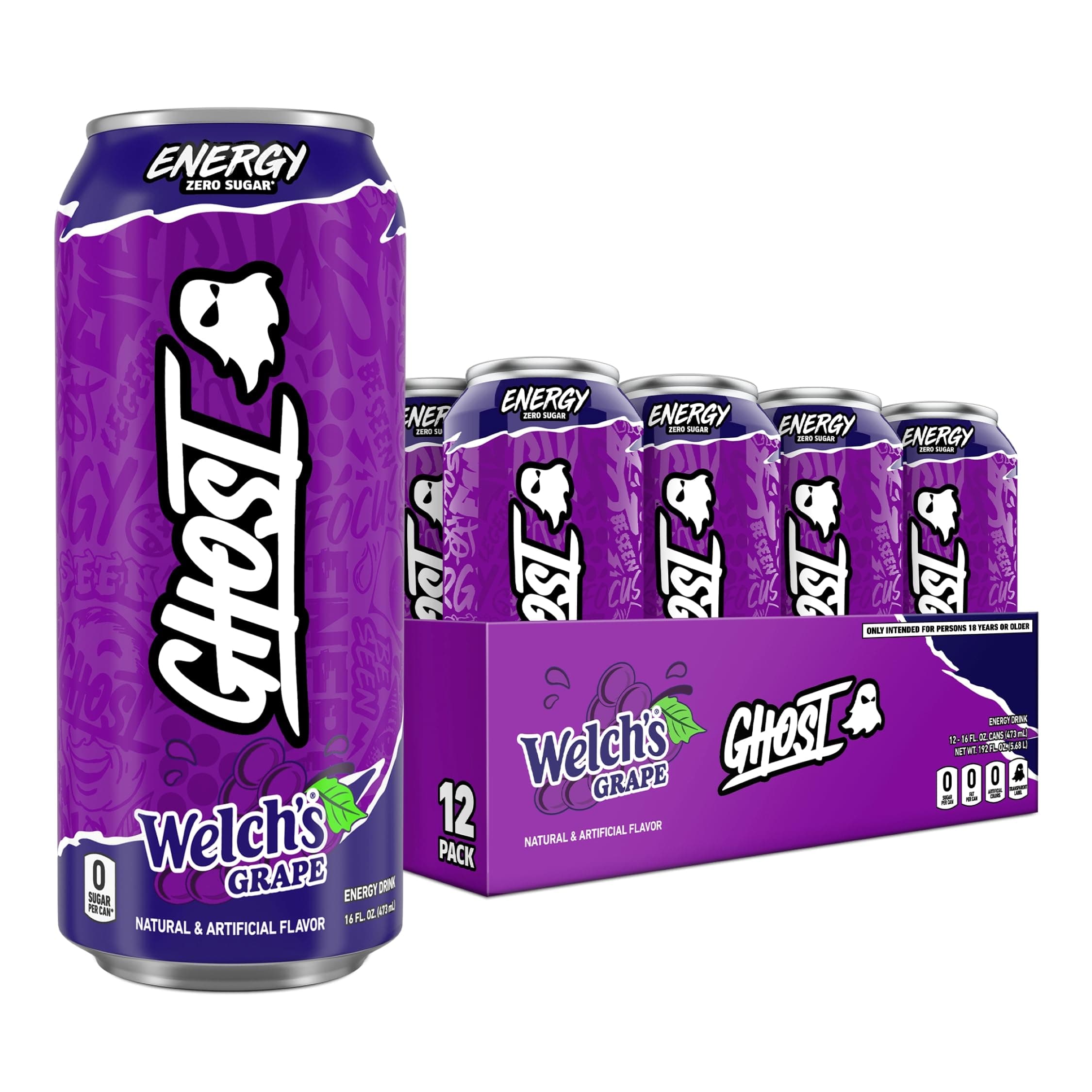 - Energy Drink - 12-Pack, Welch's Grape, 16oz Cans - Energy & Focus & No Artificial Colors - 200mg of Natural Caffeine, L-Carnitine & Taurine - Gluten-Free & Vegan