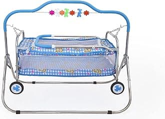 BABYBLESSING Baby Cradle with Swing and Mosquito Net | with 4 Wheels | Foldable & Movable | Sturdy and Safe | Durable | Jhulla | Palna | with Hanging Hammock | 0-15 Months | Sky Blue