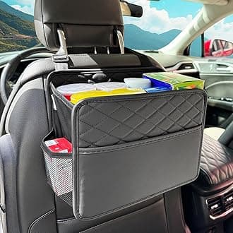 Upgraded Extra Large Car Seat Organizer Backseat with 3 Storage Pockets, Multipurpose Car Organizer Hanging Car Trash Bag Can Premium PU Leather Garbage Can 3 Gallon Large Capacity, Black.