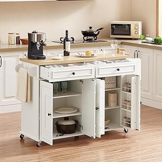 ONBRILL 58" Mobile Kitchen Island, Kitchen Island Cart with Power Outlet, Island Table for Kitchen, Home Bar Carts with Storage, Kitchen Rolling Island with Spice Rack & Towel Rack & Knife Holder
