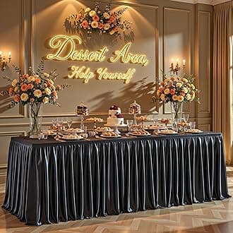4ft Black Satin Tablecloths Rectangular - Shiny Spandex Party Table Cover with Pleated Table Skirt, No-Wrinkle & Glossy Wedding Tablecloth One-Piece for Birthday Baby Shower Banquet Ceremony & Events