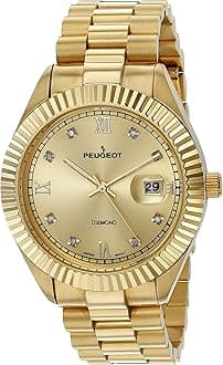 14K Gold Plated Diamond Luxury Dress Watch with Fluted Bezel and Calendar