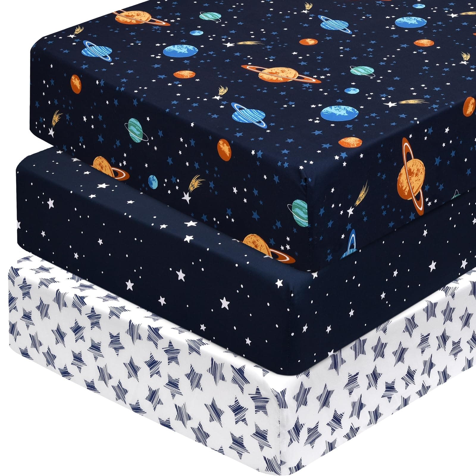 PHF 3 Pack Soft Space Crib Sheets Fitted, Silky Comfy Breathable Baby Sheets for Boys Girls Neutral, 28x52 Inches Fits Standard Crib and Toddler Mattresses, Space