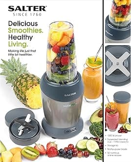 Salter EK2002V5SILVER NutriPro 1000 Multi-Purpose Blender and Smoothie Maker, Multipurpose Blade, One-Touch Operation, Create Delicious Smoothies, Soups and Cocktails, BPA Free, 1 Litre, 1000w