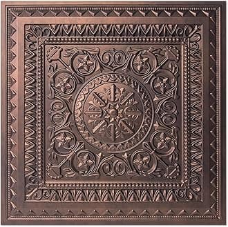 Art3d 12-Pack Drop Ceiling Tiles Glue up Plastic Acoustic Antique Copper Ceiling Panels 605mm x 605mm - Fit in 600mm x 600mm Cover 48 Sq.ft