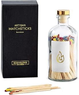 Benevolence LA Decorative Wooden Matches in Glass Jar with Striker | 4 Inches Colored Safety Long Match for Lighting Candles | Apothecary Home & Bathroom Decor - Rainbow