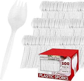 Stock Your Home Disposable Sporks (500 Pack) White Plastic Sporks - BPA Free Kid Safe 2 in 1 Utensils - Heavy Weight Fork Spoon for School Lunch, Picnics, Catering, Restaurants, Kids Birthday Party -