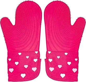 Oven Mitt Set with Heart Design, Heat Resistant Pot Holders Featuring Non-Slip Textured Silicone Grips, 2-Piece Set, Pink