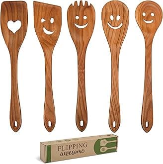 MyFancyCraft 5-Piece Wooden Cooking Spoons - Cherry Wood Spurtles - Kitchen Utensils for Cooking, Mixing, Stirring & Serving