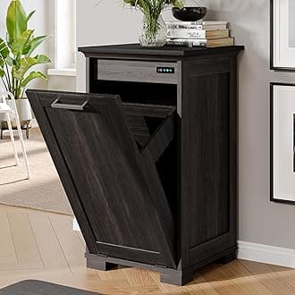 Tilt Out Trash Cabinet Wooden, Single Door 10 Gallons, Espresso Finish+Black Top Panel