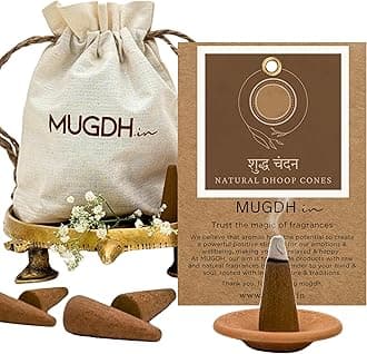 Mugdh Natural Incense Cones – Chandan | Bambooless, Low Smoke, Charcoal Free Dhoop Cones | 80 Sandalwood dhoop batti | Free Cotton Potli & Dhoop Stand | Home Fragrance, Pooja & Meditation