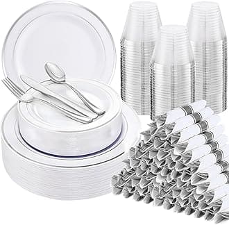 WELLIFE 700 Pcs Silver Plastic Plates for 100 Guests -Party Supplies Includes 200 Silver Plates,300 Plastic Silverware,100 Napkins,100 Cups for Party and Wedding