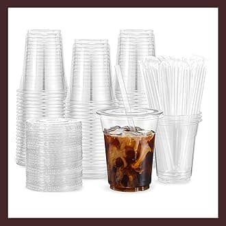 Plastic Clear Cups [12 oz] with Lids and Straws [100 Set] Disposable Cold Beverage Drinking Iced Coffee Water Juice Tea Party Travel Cafe School Office Home Kitchen (100 Set, 12 oz)