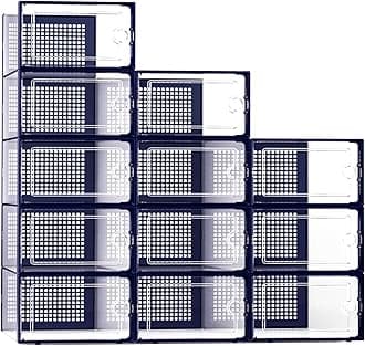 Kuject X-Large Shoe Storage Boxes Organizers Clear Plastic Stackable 12 Pack, Shoe Rack & Holder Substitute, Sneaker Containers, Toy Storage Organizer Bins for Entryway, Closet, Under Bed, Blue