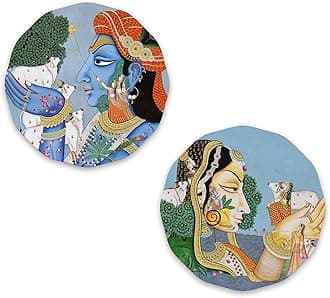 Artvibes Radha Krishna Round Shape MDF Wooden Wall Decor Items | Spiritual Decor Items | Wall Sculpture | Signs & Plaques | Artwork| Stylish Modern Decor Item | Gift Items (WH_8816N), Set of 2