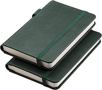 RETTACY Pocket Notebook, 2-Pack, A6 Mini Lined Journal Notebook with 160 Numbered Pages per Pack, 3.5" × 5.5" Small Size, for Work, Leather Hardcover, 100 GSM Thick Paper (Dark Green & Dark Green)