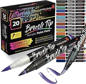 20 Brush Tip Acrylic Paint Pens, Classic and Metallic Color Double Pack, Flexible Tip Brush Paint Markers for Lettering and Creative Painting, Rocks, Mugs, Ceramic, Glass, Most Surfaces - Water Based