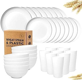 Teivio 32-Piece Kitchen Plastic Wheat Straw Dinnerware Set, Service for 8, Dinner Plates, Dessert Plate, Cereal Bowls, Cups, Unbreakable Colorful Plastic Outdoor Camping Dishes, Pure White