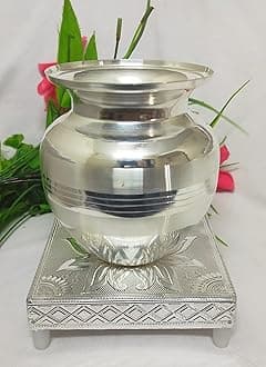 Samukkaras Pure German Silver Hand Made Laser Design Pooja Kalash with Chowki for Temple and Home/German Silver Lota (Pitcher) with Base Stand for Pooja/German Silver Lakshmi Pooja Kalash (Large)