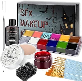 Face Paint Kit Sfx Makeup Special Effects Makeup Kit with Wound Scar Wax, Fake Scab Blood, Makeup Spatula for Halloween Cosplay Makeup Oil Based Professional Face Paint Makeup Palette Set