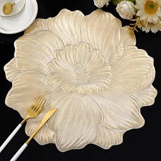 Evevda Round Placemats Set of 6 Gold Flower Table Mats Vinyl Dining Table Placemats 15 Inch Washable Waterproof for Wedding Gathering Kitchen Decor