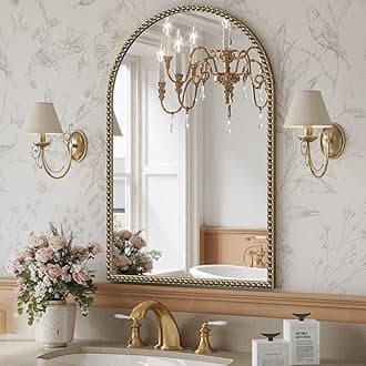 Beaded Mirror Gold Arched, 24"x36" Champagne Bronze Mirror for Bathroom, Antique Brass Beaded Mirrors with Metal Frame- Arch Vanity Wall Mirrors for Bedroom,Fireplace,Over Sink,Entryway