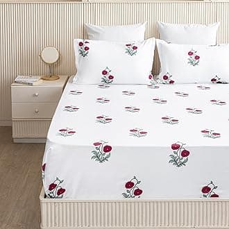 HOMEMONDE 210 TC Bedsheet Queen 90 x 100 Inches Premium Cotton Floral Printed Soft Flat Sheet with 2 Pillow Covers 18 x 28 Inch - Red Rose