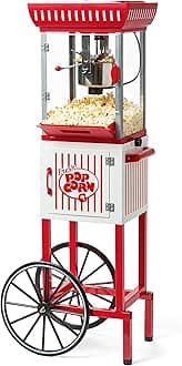 Nostalgia PC25RW 2.5 oz Popcorn & Concession Cart, 48" Tall, Makes 10 Cups, with Kernel & Oil Measuring Spoons & Scoop, 13" Wheels for Easy Mobility, Red/White