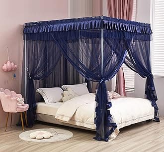 Mengersi 4 Corners Post Canopy Bed Curtains for Adults- 4 Opening Mosquito Net - Cute Princess Bedroom Decoration Accessories (King, Peach)