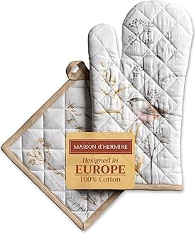 Maison d' Hermine Meadow Florals-Beige 100% Cotton Set of Oven Mitt (19cm x 33cm) and Pot Holder (20cm x 20cm) for BBQ | Cooking | Baking | Grilling | Microwave | Barbecue | Spring/Summer | Easter