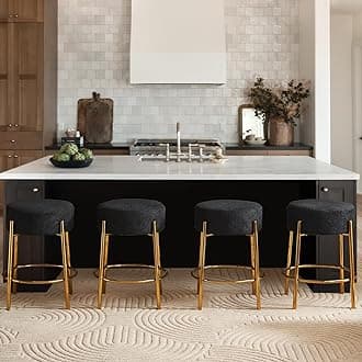Modern Bar Stools Set of 4, 24" Counter Height Stools with Round Soft Padded Boucle Backless Seat and Golden Metal Base, Upholstered Barstools for Kitchen Island, Black
