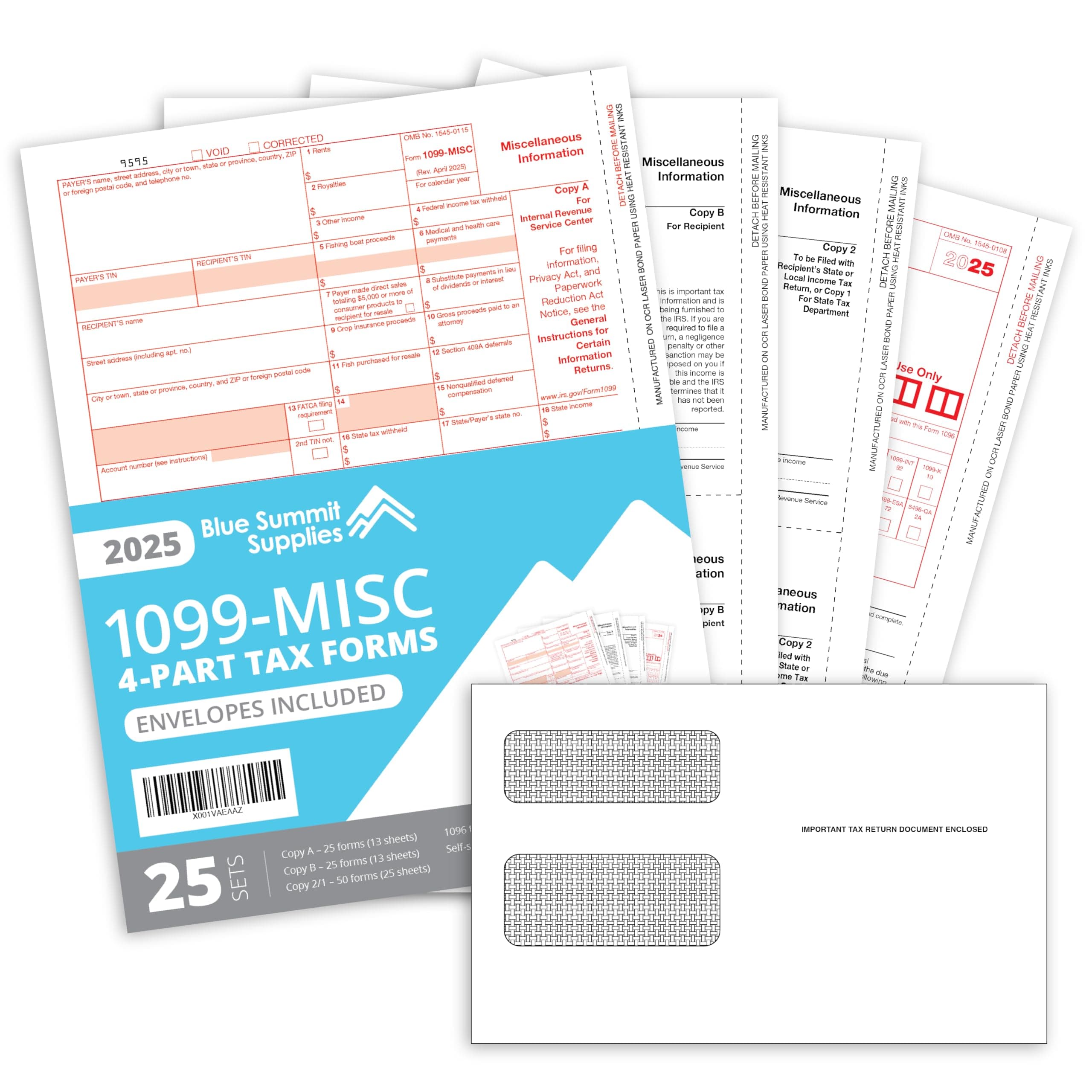 Blue Summit 1099 MISC Forms 2025 with Envelopes, 4 Part Tax Forms Kit, 25 Vendor Kit of Laser Forms, Compatible with QuickBooks and Accounting Software, 25 Self Seal Envelopes Included