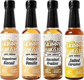 Skinny Food Co Sugar Free Coffee Syrup Gift Set - 4x250ml - French Vanilla, Salted Caramel, Gingerbread Biscuit, Hazelnut Praline - Zero Calorie Coffee Syrups