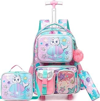Cute Cat Rolling Backpack with Wheels for Girls Rolling Backpacks with Lunch Box for Elementary School Students 3 in 1 Kids Travel Luggage Suitcase for Girls Age 8-10