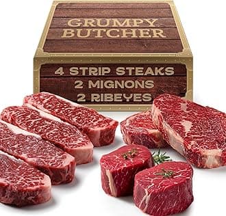 Grumpy Butcher 8 Steaks Premium Set - 4 NY Strips (10 oz), 2 Ribeye Steaks (12 oz), 2 Large Beef Filet Mignon (8 oz) - Steakhouse Quality Meat Gourmet Gift Basket