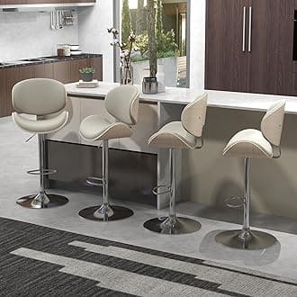 civama Bar Stools Set of 4 for Kitchen Counter, Adjustable Bar Height Chairs, Modern Swivel Barstools with Bentwood Seat and Back with Footrest for Kitchen Island, Dining Room, Grey PU Leather