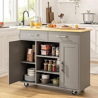 SUNLEI Kitchen Island on Wheels with Storage Cabinet, 40" Rolling Kitchen Cart Table with Shelves and Drawers, Kitchen Island Cart with Rack for Towel, Portable Islands for Kitchen(Grey)The Forest Stewardship Council