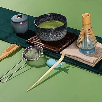 Matcha Tea Set 9 Pcs, Japanese Traditional Bowl, Bamboo Whisk (Chasen), Scoop (Chashaku), Spoon, Stainless Steel Sifter, Holder, Ceramic Powder Caddy