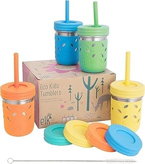 Elk and Friends 8oz Stainles Steel Mason Jars (Green, Orange, Blue & Yellow, 4 Pack with Sleeve)