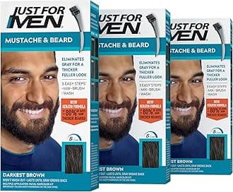Just For Men Mustache & Beard, Beard Coloring for Gray Hair with Brush, With Keratin Biotin Aloe and Coconut Oil for Healthy Facial Hair - Darkest Brown, M-50, Pack of 3 (Packaging May Vary)