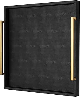 Extra Black Large Serving Tray with Handles for Ottoman,Versatile Shagreen Leather Square Ottoman Tray for Living Room