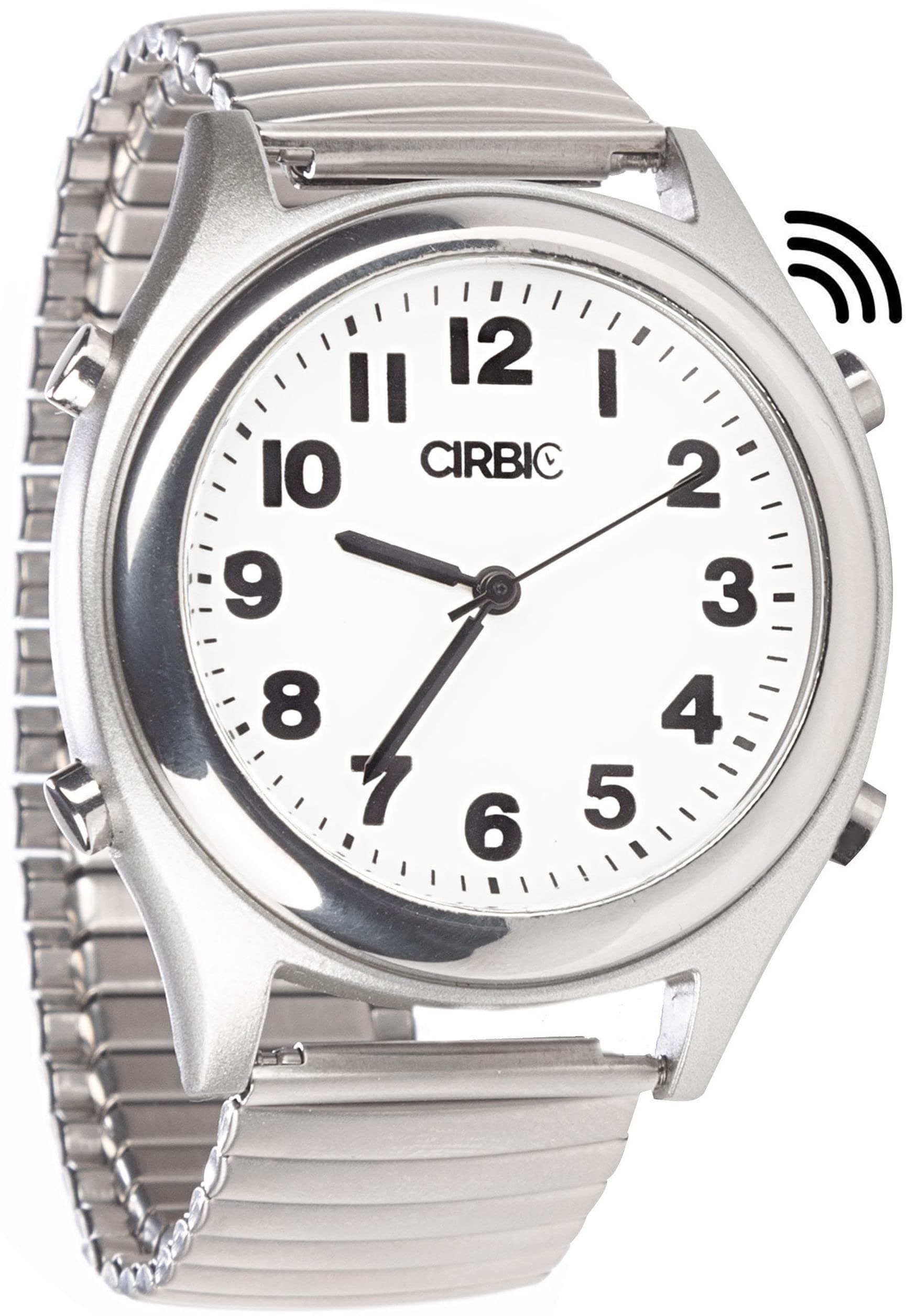Talking watch with large numbers and expandable strap, self-setting for visually impaired, blind or elder people
