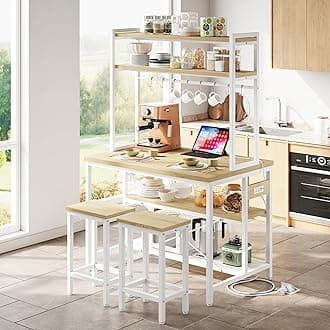 IRONCK Kitchen Island with Stools, Dining Table Set with Storage and Power Outlet, Industrial Coffee Bar Table for Kitchen Dining Living Room, 10 Hooks (Natural Wood)