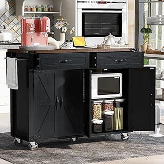 Portable Kitchen Island Cart with Drop Leaf, Power Outlet, Rolling Farmhouse Kitchen Carts on Wheels with Storage Drawers, Spice Rack, Towel Holder, 4 Doors&Adjustable Shelves (Black-1)
