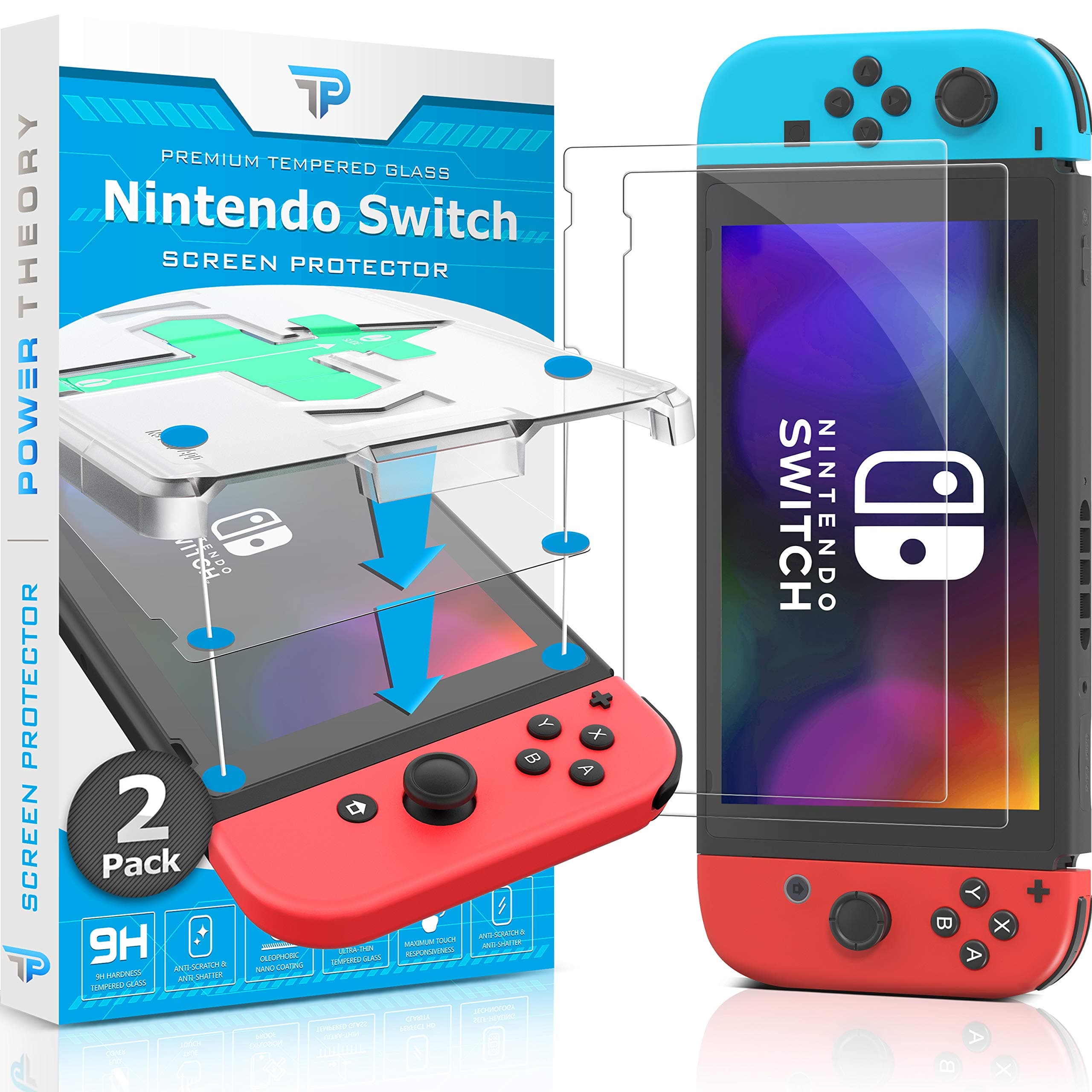 Power TheoryDesigned for Nintendo Switch 6.2" Screen Protector Tempered Glass [9H Hardness], Easy Install Kit, 99% HD Bubble Free Clear, Case Friendly, Anti-Scratch, 2 Pack