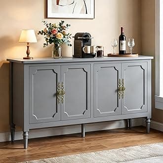 59" Buffet Cabinet with Storage, Vintage Sideboard with Adjustable Shelves & Carved Handle, Mid Century Modern Painted Credenza Coffee Bar for Kitchen, Dining Room, Dove Gray
