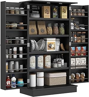 HOMCOM 41" Kitchen Pantry Storage Cabinet, Freestanding Kitchen Cabinet with 12 Door Shelves, Double Doors, 5-Tier Shelving and Adjustable Shelves, Black